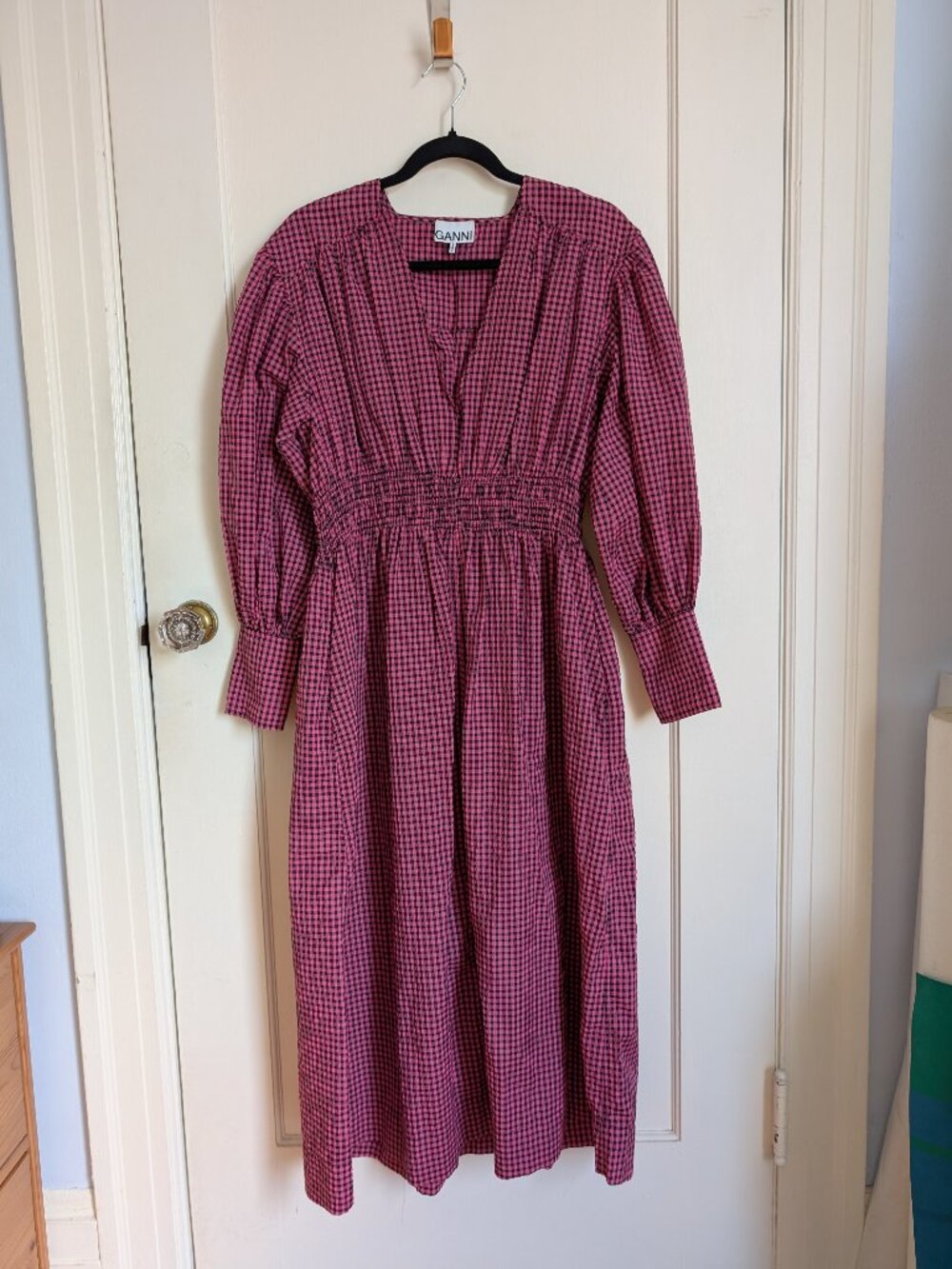 GANNI pink seersucker deep-v maxi dress EUC